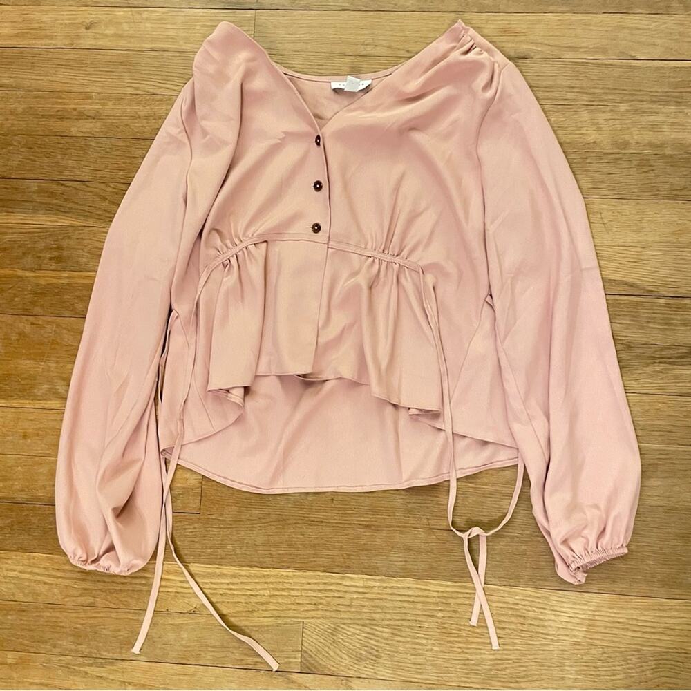 Topshop long sleeve button down tie waist salmon pink blouse shirt top sz 4 b13